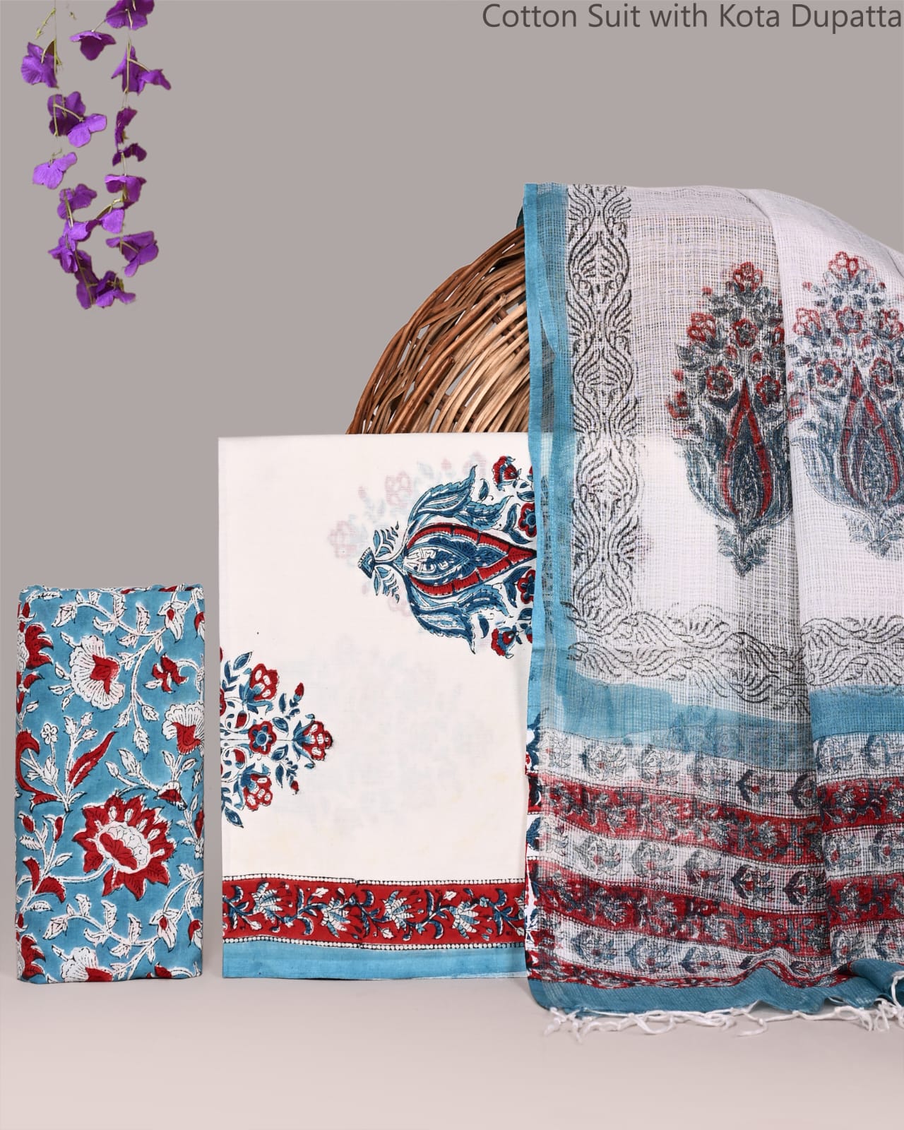 Bagrubazzar Handblock Printed Bagru Cotton Suit Set with Kota Doria Dupatta for Women