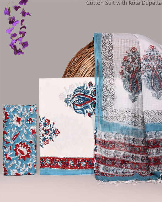 Bagrubazzar Handblock Printed Bagru Cotton Suit Set with Kota Doria Dupatta for Women