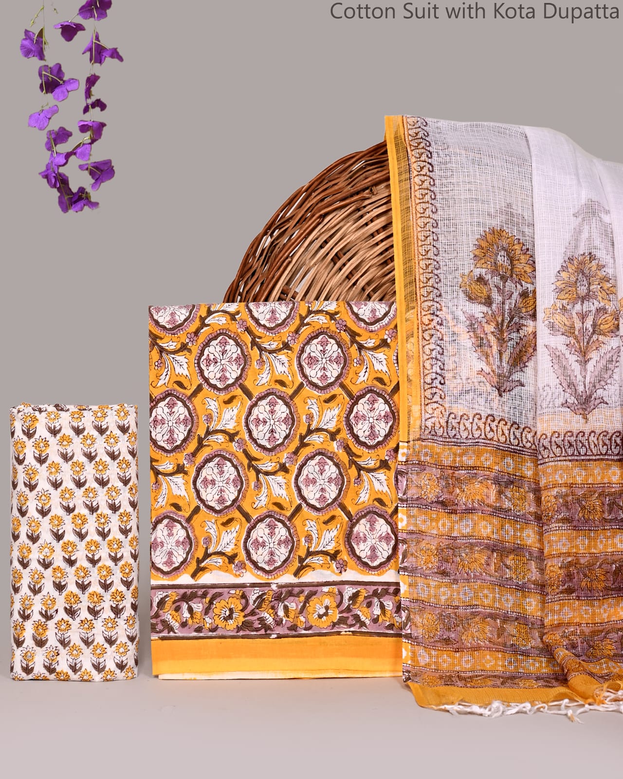 Bagrubazzar Handmade Block Print Cotton Suit Set with Kota Doria Dupatta