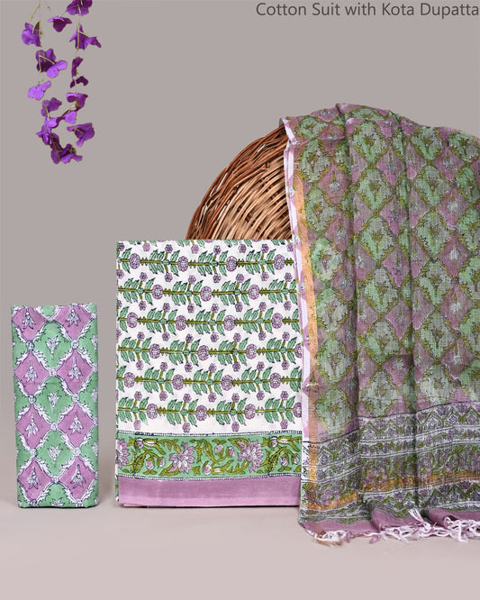 Bagrubazzar Premium Bagru Hand Block Cotton Unstitched Suit with Kota Doria Dupatta