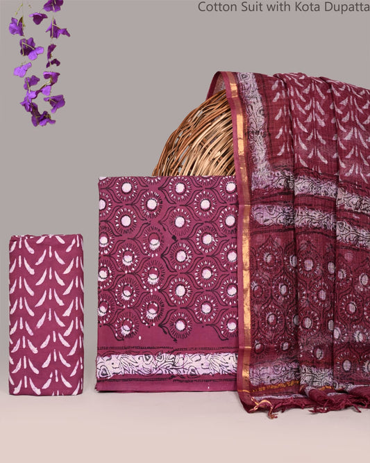 Bagrubazzar Women Handblock Printed Cotton Suit Set with Kota Doria Dupatta