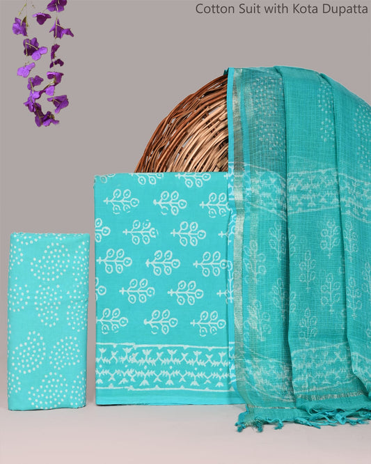 Bagrubazzar Artisan Handblock Printed Cotton Suit Set with Kota Doria Dupatta