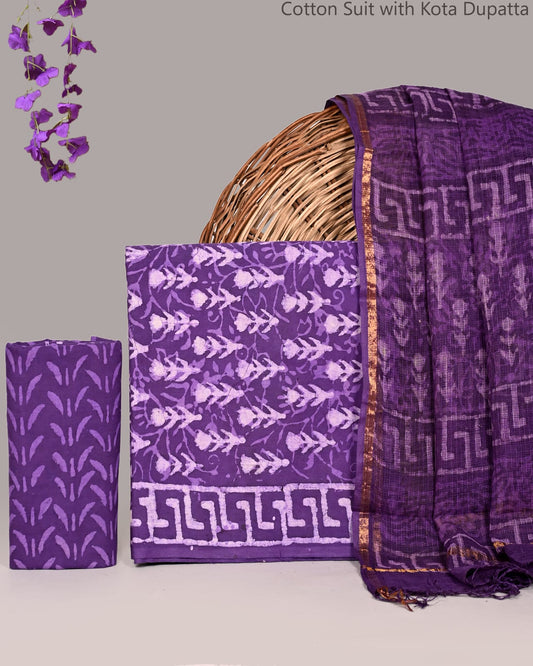 Bagrubazzar Women Ethnic Cotton Suit Set with Handblock Print & Kota Doria Dupatta