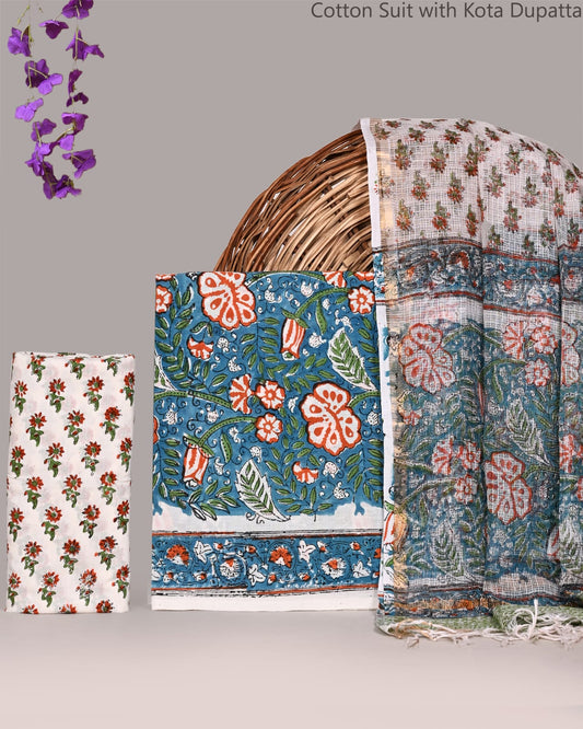 Bagrubazzar Elegant Handblock Printed Cotton Suit Set with Kota Doria Dupatta
