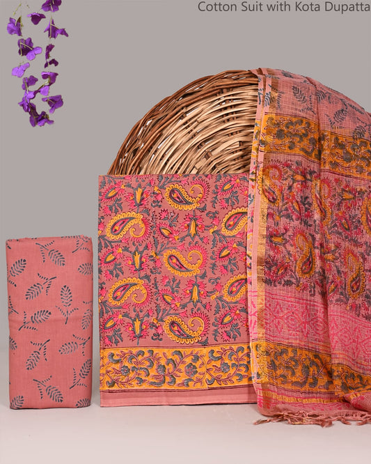 Bagrubazzar Classic Jaipur Print Cotton Suit Set with Kota Doria Dupatta for Women