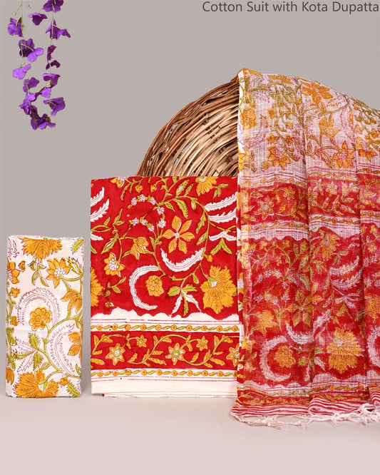 Bagrubazzar Festive Jaipur Handblock Cotton Suit Set with Kota Doria Dupatta