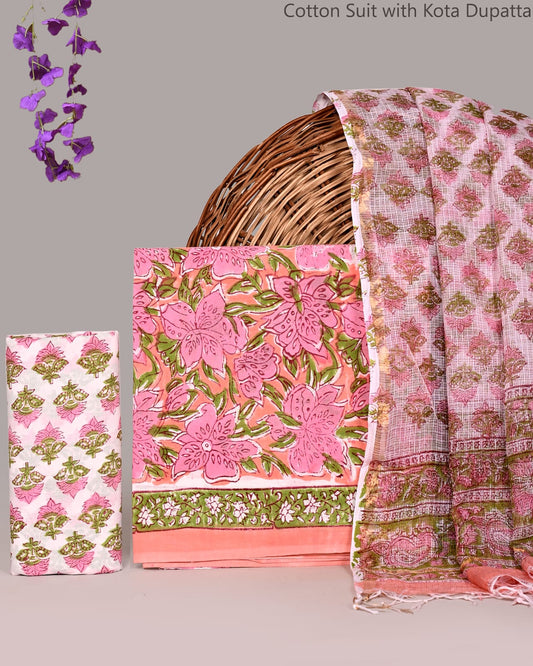 Bagrubazzar Traditional Handblock Jaipur Cotton Suit Set with Kota Doria Dupatta