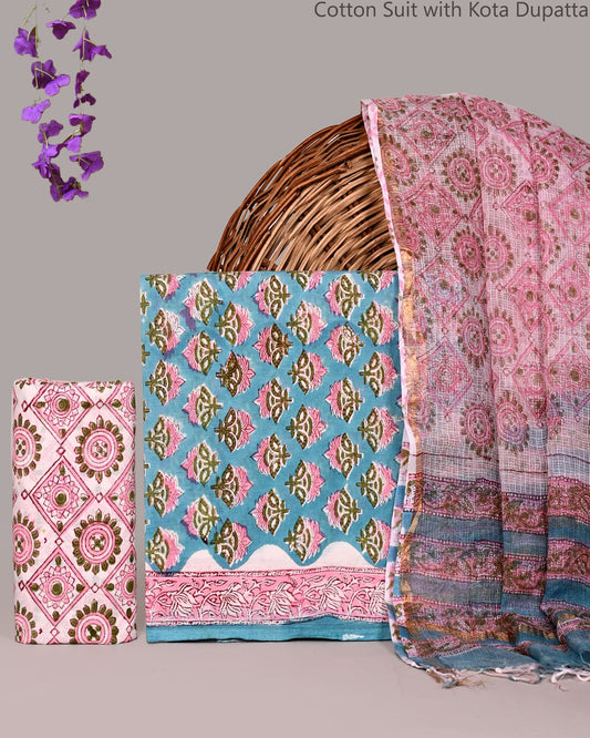 Bagrubazzar Jaipur Handblock Print Cotton Suit Set with Elegant Kota Doria Dupatta