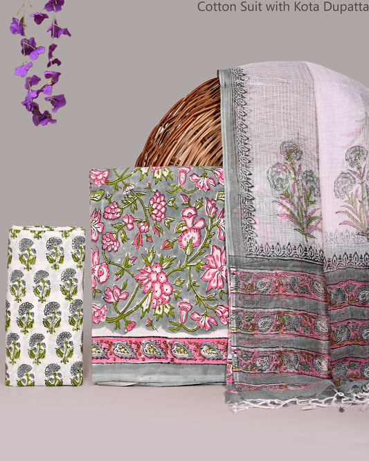 Bagrubazzar Handcrafted Jaipur Block Print Cotton Suit Set with Kota Doria Dupatta