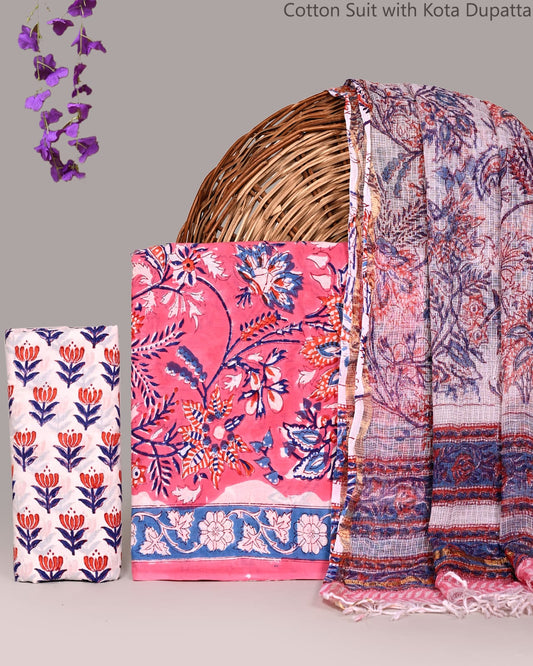 Bagrubazzar Bagru Handblock Printed Cotton Suit Set with Kota Doria Dupatta