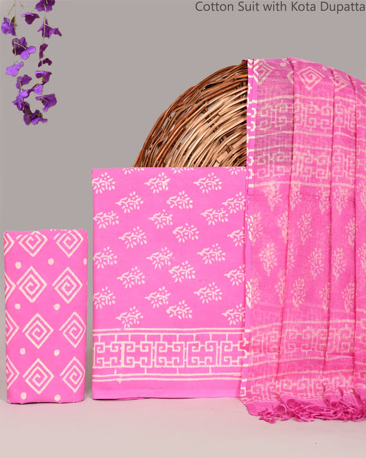 Bagrubazzar Bagru Handblock Print Cotton Unstitched Suit Set with Kota Doria Dupatta
