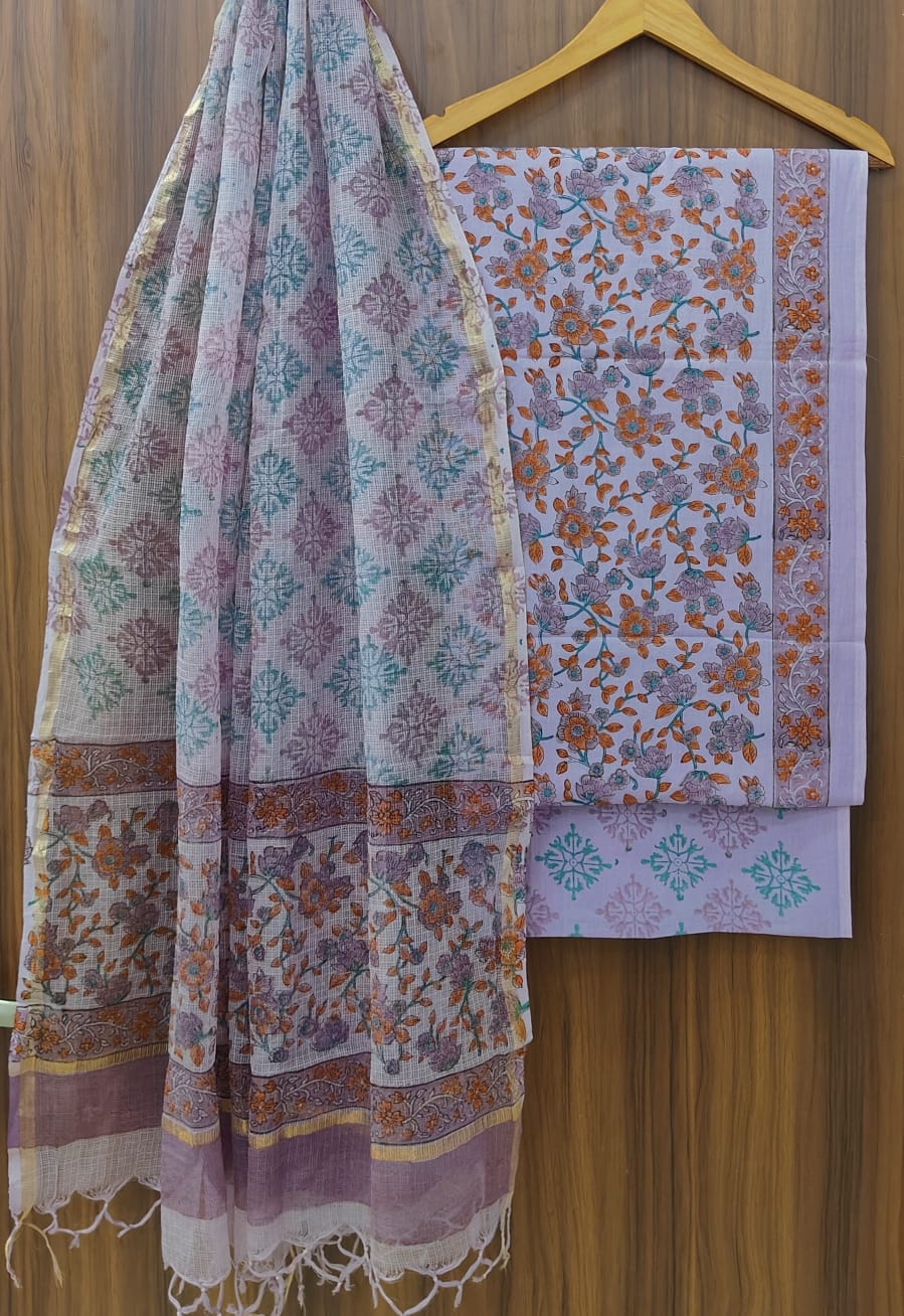 Bagrubazzar Traditional Bagru Handblock Cotton Suit Material with Kota Doria Dupatta