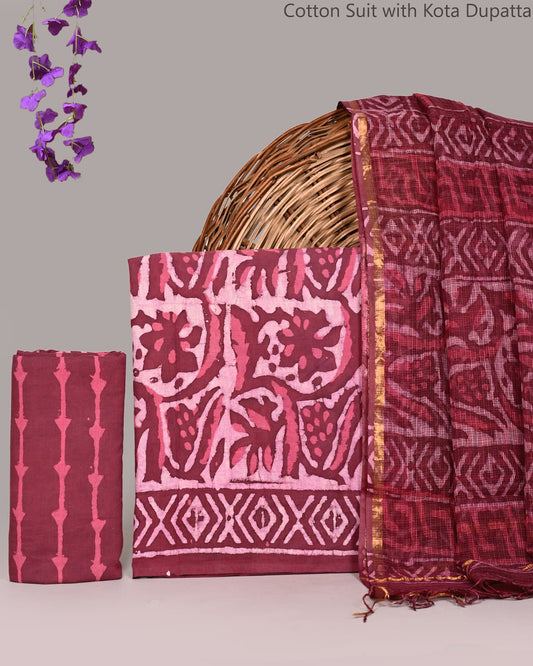 Bagrubazzar Handblock Printed Cotton Unstitched Suit Set with Kota Doria Dupatta for Women