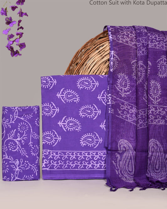 Bagrubazzar Unstitched Cotton Suit Set with Bagru Handblock Print & Kota Doria Dupatta