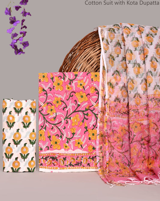 Bagrubazzar Jaipur Bagru Handblock Printed Cotton Suit with Kota Doria Dupatta