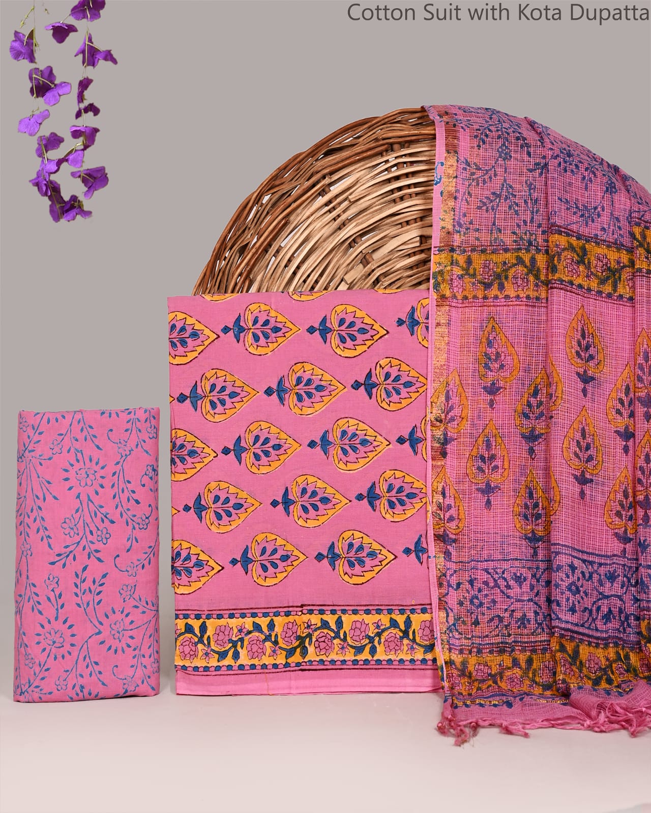 Bagrubazzar Bagru Print Cotton Suit Material with Kota Doria Dupatta