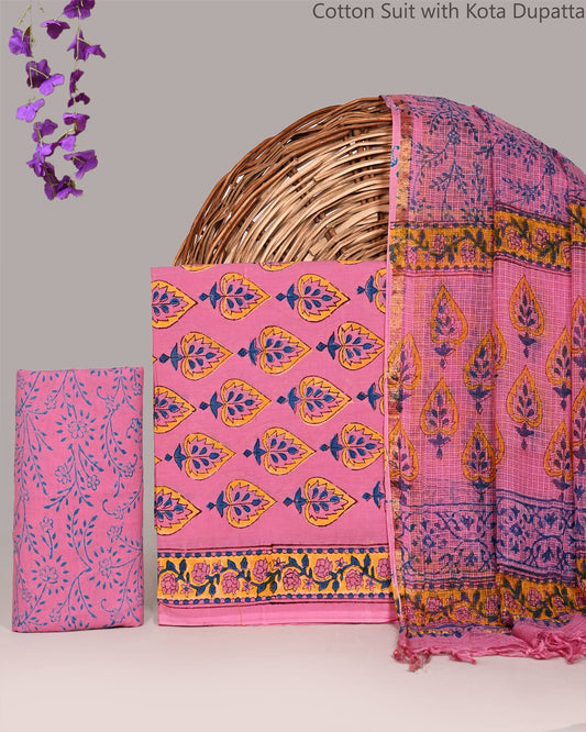 Bagrubazzar Bagru Print Cotton Suit Material with Kota Doria Dupatta