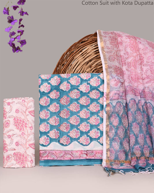 Bagrubazzar Authentic Bagru Print Cotton Suit Set with Kota Doria Dupatta – Unstitched