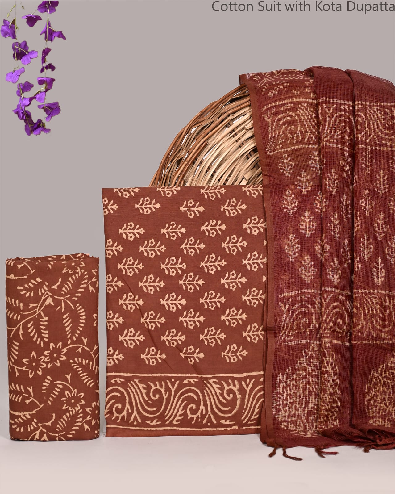 Bagrubazzar Designer Handblock Printed Cotton Suit Set with Kota Doria Dupatta