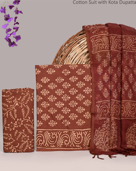 Bagrubazzar Designer Handblock Printed Cotton Suit Set with Kota Doria Dupatta