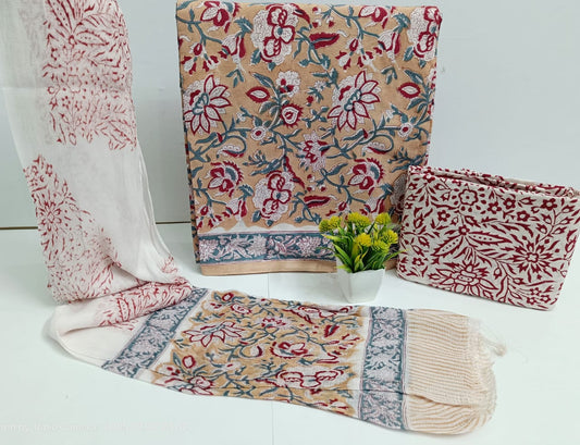 Jaipur Bagru Hand Block Printed Cotton Unstitched Suit Set with Chiffon Dupatta for Women