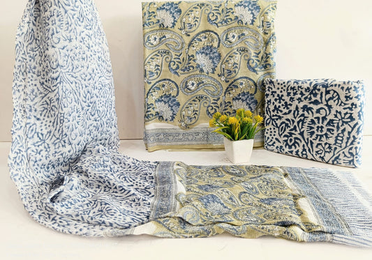 Jaipur Hand Block Print Cotton Unstitched Suit Set with Chiffon Dupatta for Officewear