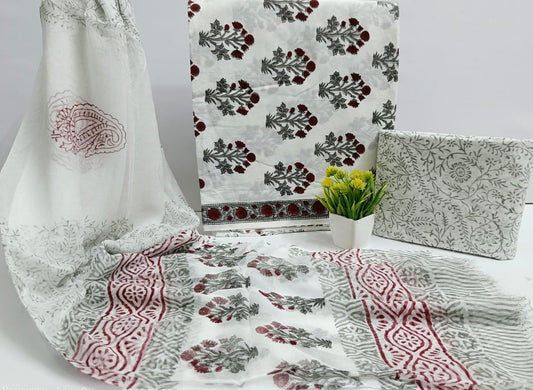 Women’s Jaipur Hand Block Printed Cotton Suit with Stylish Chiffon Dupatta