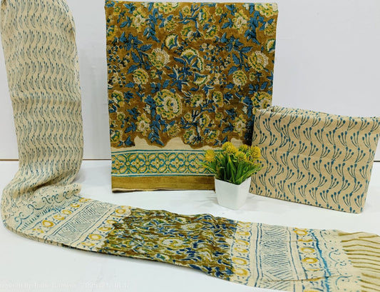 Jaipur Hand Block Print Cotton Unstitched Suit Set with Chiffon Dupatta for Women
