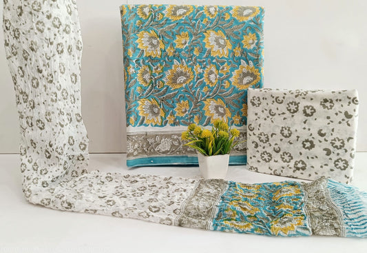 Traditional Hand Block Printed Cotton Suit Dress Material with Chiffon Dupatta – Unstitched