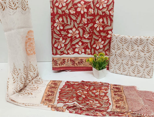 Ethnic Handblock Printed Cotton Dress Material Suit with Chiffon Dupatta
