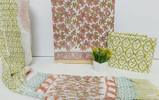 Traditional Indian Handblock Printed Cotton Suit Set with Chiffon Dupatta