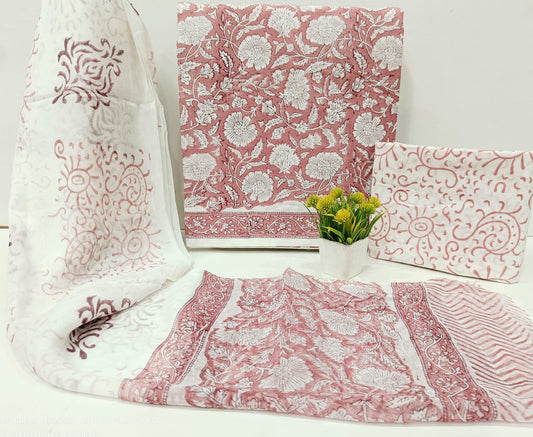 Jaipur Handblock Print Cotton Suit Dress Material with Chiffon Dupatta