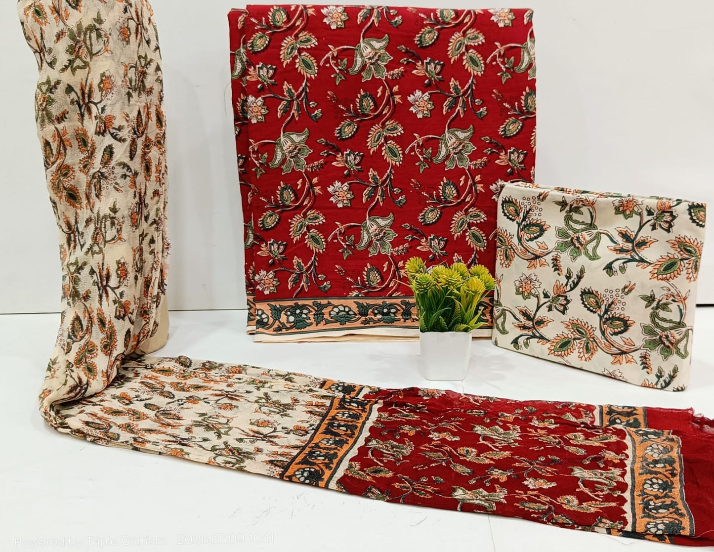 Designer Handblock Printed Cotton Suit Fabric with Chiffon Dupatta – Unstitched