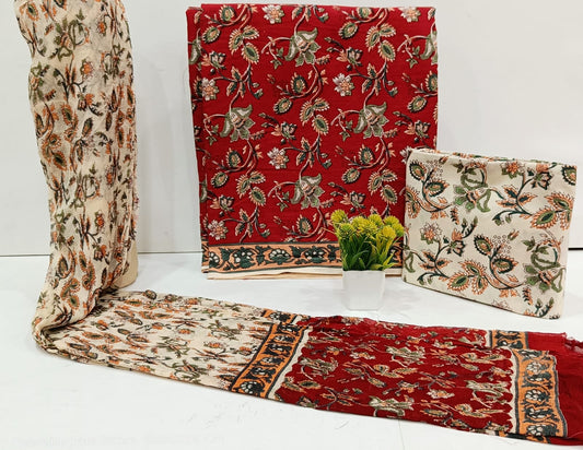 Designer Handblock Printed Cotton Suit Fabric with Chiffon Dupatta – Unstitched