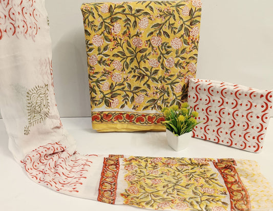 Jaipur Hand Block Printed Cotton Unstitched Dress Material with Chiffon Dupatta