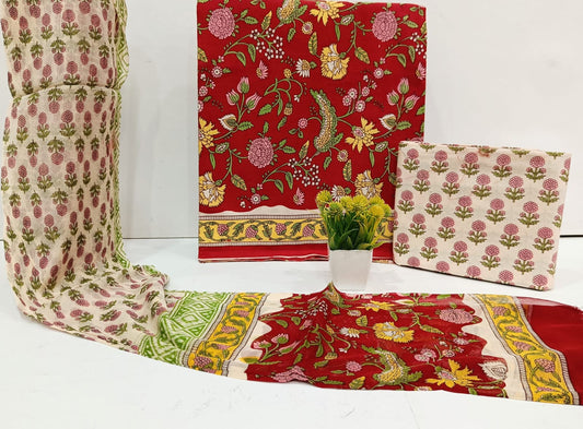 Traditional Handblock Print Cotton Suit Set with Chiffon Dupatta – Unstitched