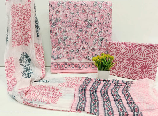 Women’s Handblock Printed Cotton Suit with Chiffon Dupatta – Traditional Unstitched Set