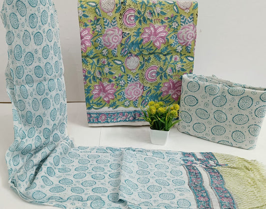 Handblock Printed Cotton Unstitched Suit Set with Chiffon Dupatta for Women