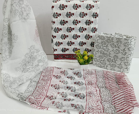 Elegant Handblock Print Cotton Suit Set with Chiffon Dupatta for Women – Unstitched