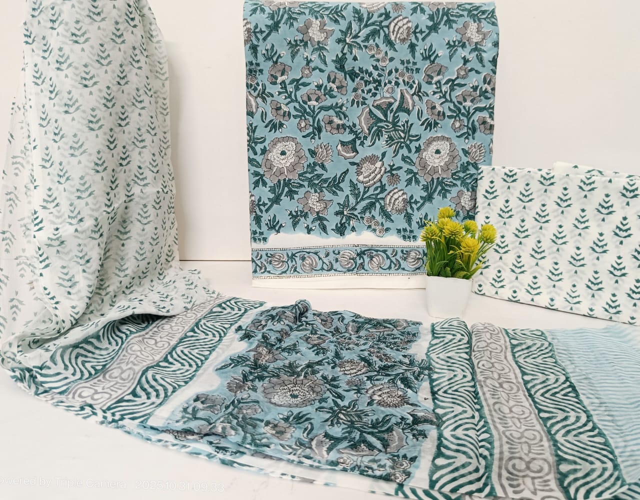 Premium Handblock Printed Cotton Unstitched Suit Set with Chiffon Dupatta