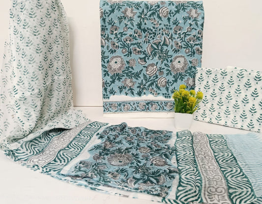 Premium Handblock Printed Cotton Unstitched Suit Set with Chiffon Dupatta
