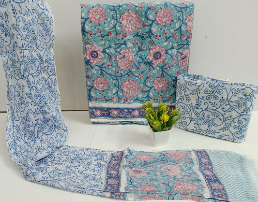 Jaipur Handblock Print Cotton Suit with Chiffon Dupatta – Unstitched Ethnic Wear