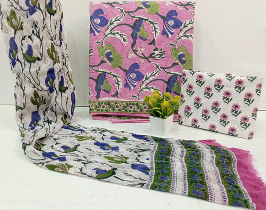 Traditional Hand Block Print Cotton Suit Set with Chiffon Dupatta – Unstitched Dress Material
