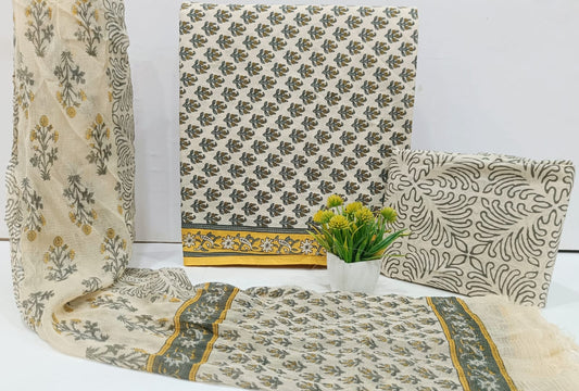 Jaipur Handblock Printed Cotton Unstitched Suit with Chiffon Dupatta for Women