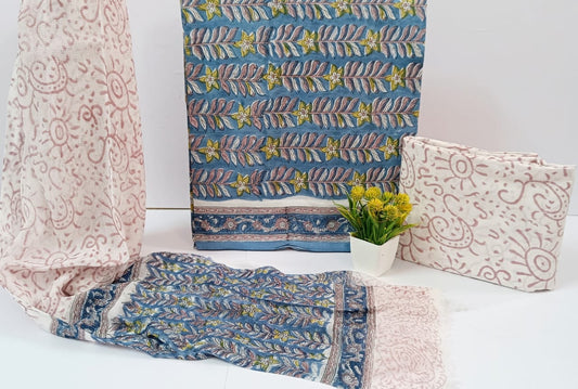 Rajasthani Bagru Handblock Printed Cotton Suit with Chiffon Dupatta – Unstitched Suit Set