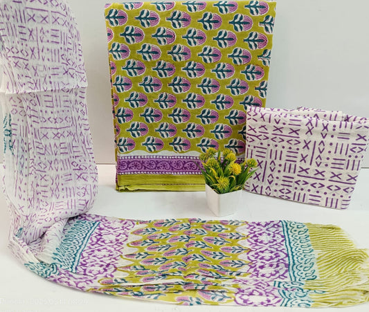 Traditional Bagru Print Cotton Suit with Chiffon Dupatta – Unstitched Handblock Dress Material