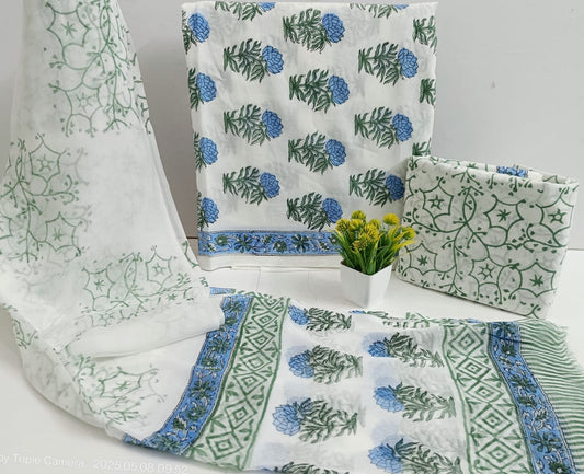 Premium Bagru Handblock Printed Cotton Suit with Chiffon Dupatta – Unstitched Dress Material