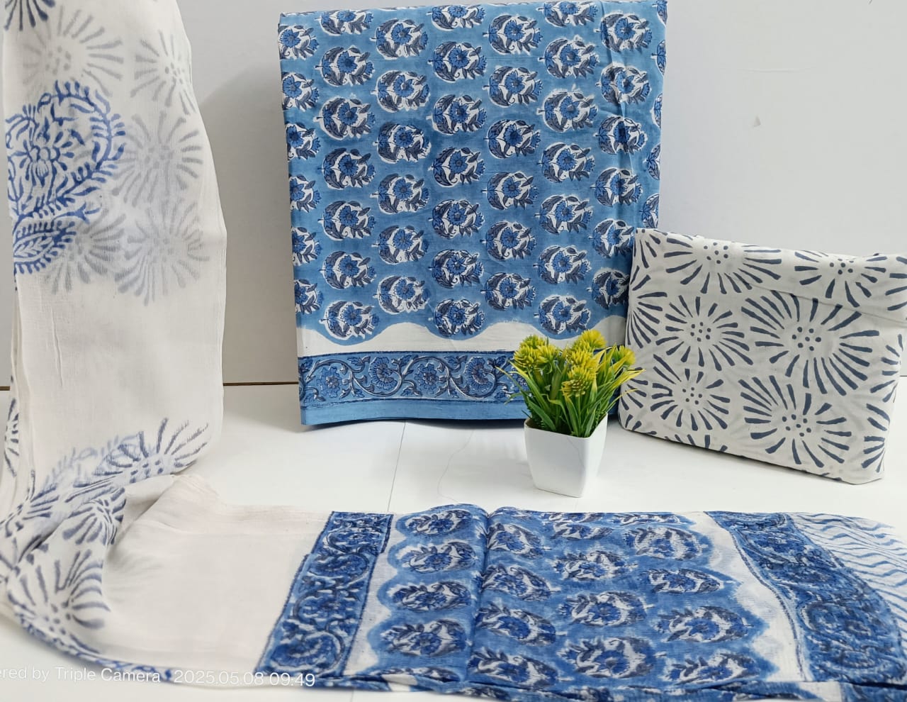 Hand Block Bagru Print Cotton Unstitched Suit Set with Chiffon Dupatta – Ethnic Wear for Women