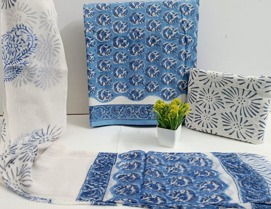 Hand Block Bagru Print Cotton Unstitched Suit Set with Chiffon Dupatta – Ethnic Wear for Women