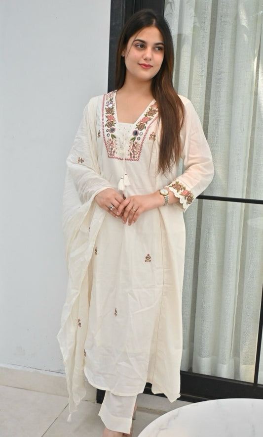 Bagrubazzar Embroidered Cotton A-Line Kurta Suit Set with Heavy Malmal Dupatta